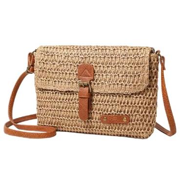 Imagem de Bolsa de praia de palha, bolsa mensageiro de palha de verão, bolsa de ombro transversal, bolsa de mão, bolsa de mão pequena para mulheres, Marrom, Bolsa de palha de praia