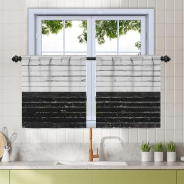 Imagem de Renaiss Cortinas de cozinha de madeira rústicas de 66 x 91 cm sobre a pia cortinas de madeira preta cinza de madeira curta para varão, bolso para varão, cortinas de janela rústicas para banheiro, sala