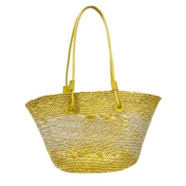 Imagem de SHAREYOIU Bolsa de ombro de palha natural colorida à mão bolsa de praia grande capacidade, Amarelo, Large