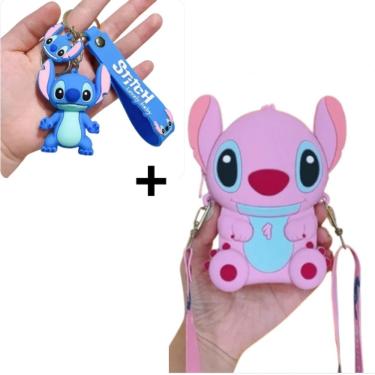 Imagem de Bolsa Infantil silicone Disney Alça Transversal ziper Porta Moedas + Chaveiro Stitch angel Lilo 3D emborrachado fofo