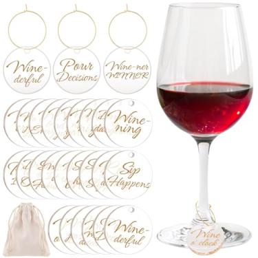 Imagem de Weysat 24 peças de pingentes de taça de vinho de acrílico com citações engraçadas e texto dourado, etiquetas de identificação de bebidas reutilizáveis com bolsa de armazenamento para festas de