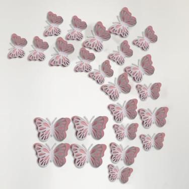 Imagem de Decoração de parede borboleta rosa 3D 48 peças 3 tamanhos para festa de aniversário, chá de bebê, artesanato, buquê de flores, aniversário de casamento, parede de casa, decorações de bolo