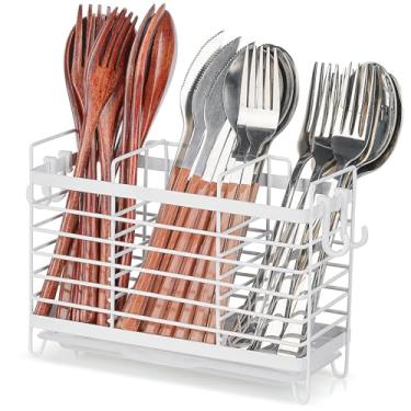 Imagem de IWNTWY Suporte de utensílios, escorredor de utensílios de aço inoxidável com bandeja de drenagem para balcão de cozinha, suporte de talheres de parede para garfos, facas, colheres, organizador de