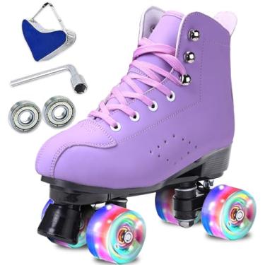Imagem de SCNUT Skates patins femininos masculinos de couro PU preto de cano alto clássicos patins de fileira dupla ajustáveis ao ar livre patins quádruplos e derby de rolo (roxo flash, 38-feminino 6,5