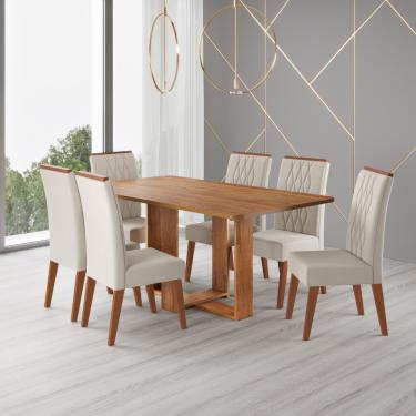 Imagem de Conjunto Sala de Jantar Mesa 160cm Moscato e 6 Cadeiras Cristal Viero - Mel/Veludo Bege