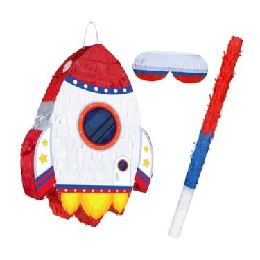Imagem de Fancyes Pacote de pinhata de foguetes, artigos para festa com tema espacial, decoração divertida para festa de aniversário infantil com venda e vara para o