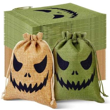 Imagem de NFAMRZCAR 48 unidades de sacos de presente de serapilheira de Halloween 18 x 12 cm com cordão Oogie Halloween saco de estopa para doces para lembrancinhas de festa (colorido, 2 ESTILOS, 48 peças)