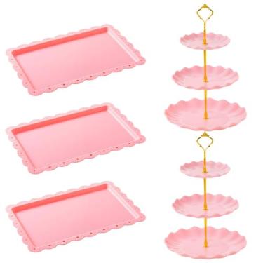 Imagem de Conjunto de 5 peças de suporte de bolo de plástico rosa, suporte de cupcake de 3 camadas com suporte dourado, inclui 3 pratos retangulares de sobremesa para festa, aniversário ou decoração de