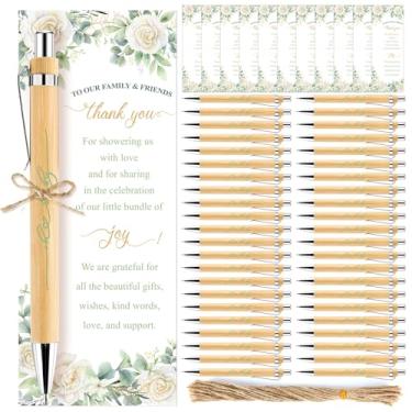 Imagem de EYNDYN 50 conjuntos de canetas esferográficas para chá de bebê, folhas de eucalipto, presentes a granel para 50 canetas de bambu de madeira para convidados, cartões de agradecimento, canetas retráteis