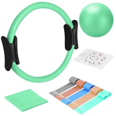 Imagem de TOPZGLEEY Conjunto de anéis de Pilates – Círculo mágico antideformação de 35,56 cm com alças acolchoadas, mini bola, 5 faixas de resistência, guia, equipamento de pilates para treino em casa (turquesa