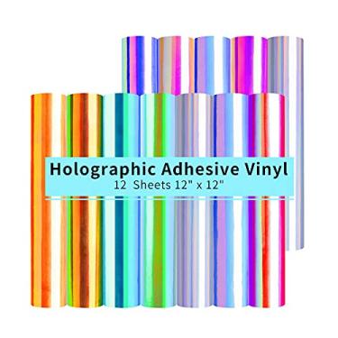 Imagem de HTVRONT Vinil holográfico - 12 folhas de vinil permanente holográfico de 30,5 cm x 30,5 cm para todas as máquinas de corte - Fácil de remover ervas daninhas e transferir folhas de vinil adesivo