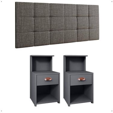 Imagem de Kit Quarto 2 Mesas Cléo Gaveta Nicho Prateleira Retrô Cabeceira Modulada Bia Linho Cama Box Casal 1,40 Cinza - RPM