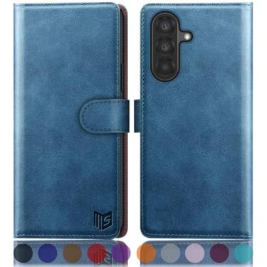 Imagem de SUANPOT Capa carteira compatível com Samsung Galaxy A56 com suporte de cartão de crédito com bloqueio RFID, capa protetora de couro PU flip book mulheres homens para Samsung A56 capa de telefone azul