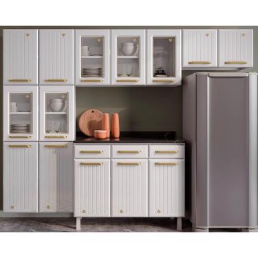 Imagem de Kit de Cozinha Modulada 4 Peças Diamante 5 Portas Vidro (2 Armários + 1 Balcão + 1 Paneleiro) Branco - Telasul