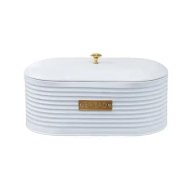 Imagem de Porta Pão em Metal Branco com Tampa, 33,5x18x16,5cm, Detalhe Dourado