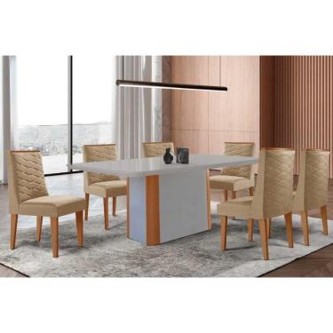 Imagem de Conjunto Sala de Jantar Pietá c/ Tampo Madeirado c/ Vidro Canto Curvo 180x90cm e 6 Cadeiras Maldivas Madeira Maciça Naturale/Off White - Capuccino/Lin