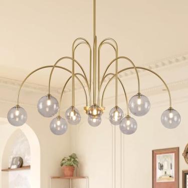 Imagem de CATINER Lustres dourados 12 luzes moderno Sputnik lustre grande L52 polegadas meados do século luminária pendente de teto com cortinas de globo de vidro fumê para teto alto, sala de jantar, hall de