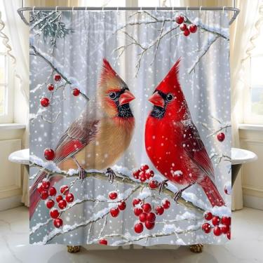 Imagem de AMFD Cortina de chuveiro de Natal pássaro vermelho inverno verde ramo de pinheiro bagas neve ano novo feriado cortinas de banheiro decoração conjunto de tecido inclui ganchos, (177.8 cm WX70 H)