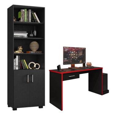 Imagem de Mesa Para Computador Gamer Drx 9000 E Livreiro Office Com Portas Pequenas Preto Trama Vermelho - Móveis Leão