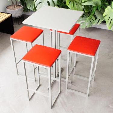 Imagem de Conjunto Mesa Alta Bar Bistrô Quadrada Branca 4 Bancos Estofado Indust