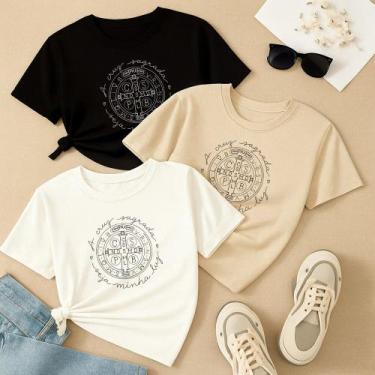 Imagem de Kit com 3 Camisetas Estampadas Oração São Bento Círculo Modinha Cristã