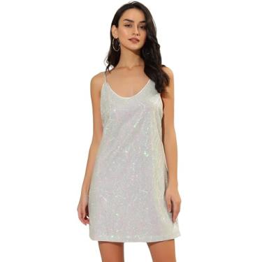 Imagem de Allegra K Vestido feminino de lantejoulas com glitter, alças finas, gola V, festa, coquetel, brilhante, minivestido para balada, Branco (com rosa), P