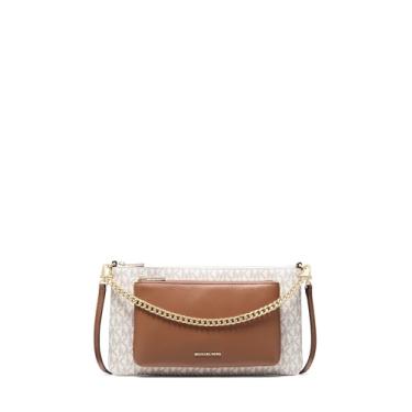 Imagem de Michael Kors Bolsa tiracolo conversível de bolso médio Jet Set, ferragens douradas/sarja revestida com assinatura MK/baunilha/bolota