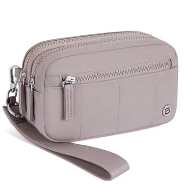 Imagem de POIUGOYA Bolsa transversal de nylon pequena para mulheres, bolsa de pulso RFID, carteira embutida, organizador de telefone com 4 zíperes, Camelo