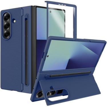 Imagem de Capa para Samsung Galaxy Z Fold 7 com suporte e caneta S [S Pen incluída] [Suporte invisível] Capa protetora fina à prova de choque para Galaxy Z Fold 7 com S Pen azul