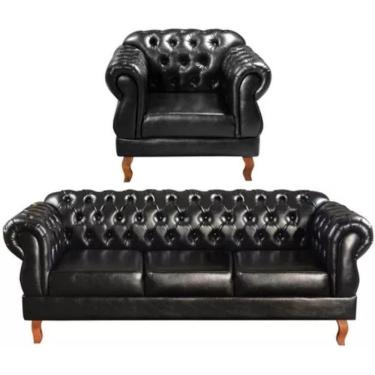 Imagem de Conjunto Sofá 3 Lugares E Poltrona Chesterfield Luís Xv Vintage Retrô Capitonê Couro Preto