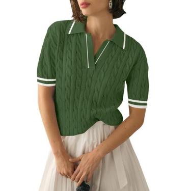 Imagem de Suéter Micoson de manga curta com decote em V para mulheres, verde mil