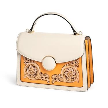 Imagem de ZHIYONG Bolsa feminina estilo acordeão com fecho de pressão, bolsa estruturada e bolsa de ombro, espaçosa para uso diário, trabalho e viagem, branca com padrão floral oriental dourado