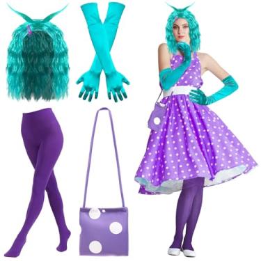 Imagem de Conjunto de 6 peças de acessórios de fantasia feminina de Halloween inclui peruca curta ondulada azul lago roxo grampos de cabelo luvas verdes esmeralda meias roxas bolsa de bolinhas para fantasia de