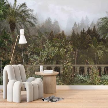 Imagem de Mural de parede Tropical Foggy Forest Peel and Stick 375.9 cm L x 248.9 cm H Decoração de parede selva extra grande para salas de estar modernas natureza escape papel de parede arte fácil instalação