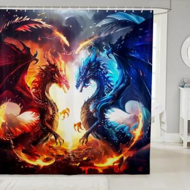 Imagem de Erosebridal Decoração de banheiro com dragão de gelo de fogo, conjunto de cortina de chuveiro de dragão ocidental para meninos, meninas, crianças, conjunto de banheiro de animais selvagens místicos