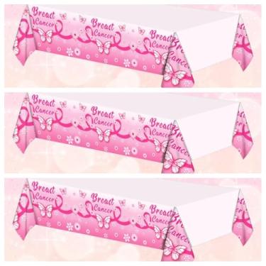 Imagem de LOONELO Toalhas de mesa de conscientização do câncer de mama, pacote com 3 capas de mesa descartáveis de plástico com fita rosa 274 x 137 cm, capa de mesa à prova d'água Hope Strength Faith para