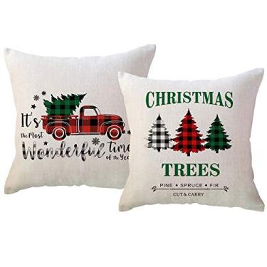 Imagem de ULOVE LOVE YOURSELF Buffalo Check Capas de almofada xadrez de Natal 50 x 50 cm vermelho preto verde árvores de Natal / Wonderful Time Truck Farmhouse inverno férias almofadas decorativas conjunto com
