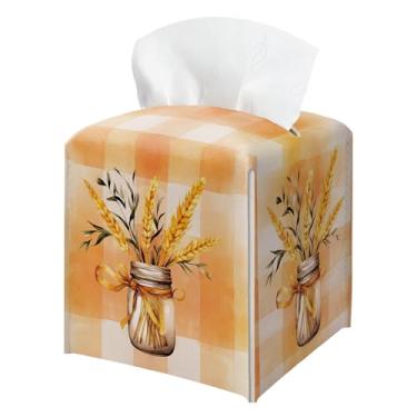 Imagem de Porta-caixa de lenços de outono, capa quadrada de caixa de lenços de couro xadrez laranja, caules de trigo de outono, organizador de papel facial, dispensador de papel higiênico, suporte para banheiro
