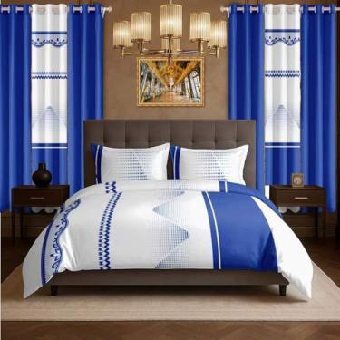 Imagem de FBLMD Conjunto de cama de 9 peças com cortinas combinando, tamanho Cal King, azul royal e branco, colcha acolchoada, capa de cama, lavável na máquina, presente para casamento e fastival