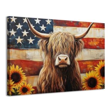 Imagem de CCWACPP Arte de parede de vaca highland bandeira americana imagens de animais decoração de gado de fazenda impressão em tela de vaca marrom para sala de estar quarto decoração de casa emoldurada (40,6