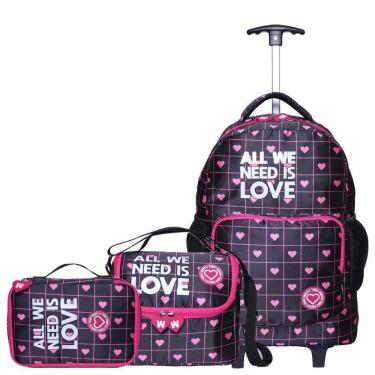 Imagem de Kit Mochila De Rodinha Bolsa Estojo Lancheira Coração -Preto