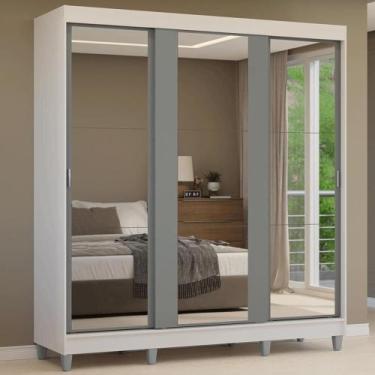 Imagem de Guarda-roupa Casal Com Pés 3 Portas De Correr De Espelho Branco Cinza 