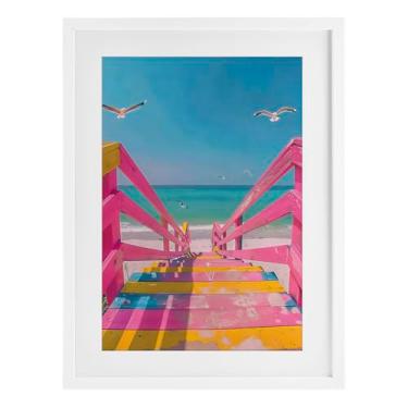 Imagem de Stupell Industries Escadas de praia rosa retrô com impressão emoldurada branca sob vidro, design por LSR Design Studio, 23 x 17