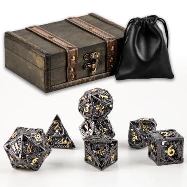 Imagem de SWeien 7 Pieces Hollow Metal DND Dice Set in Vintage Wooden Box & Bag - Premium Hollow Polyhedral Dice for Dungeons and Dragons, RPG Tabletop Games, Collector's Gift