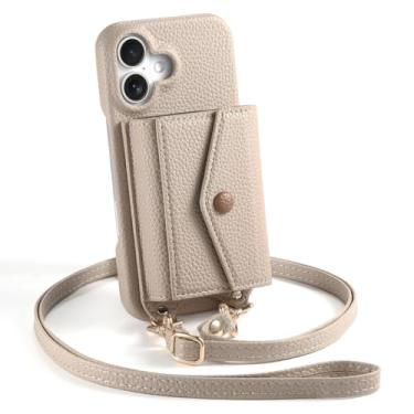 Imagem de POYUFRG Capa transversal para iPhone 17 Pro Max/17 Pro/17 Air/17, capa de couro carteira elegante com porta-cartões e espelho de maquiagem, bege, 17