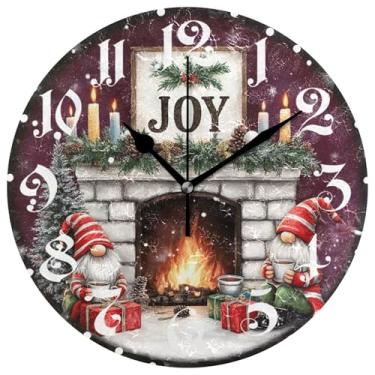 Imagem de Christmas Joy Relógio redondo roxo números grandes Ano Novo Decorativo Inverno Gnomos Poinsétia Berry Xmas Relógios de parede 25 cm operado por bateria Quartzo analógico silencioso relógio de mesa