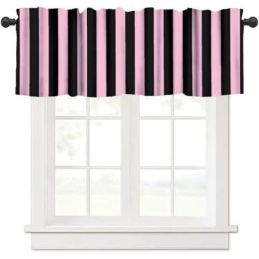 Imagem de Cortinas listradas verticais rosa preto listras padrão janela tratamento sanefas cortinas curtas varão bolso drapeado para cozinha, café, sala de jantar, casa de fazenda, decoração de casa de fazenda