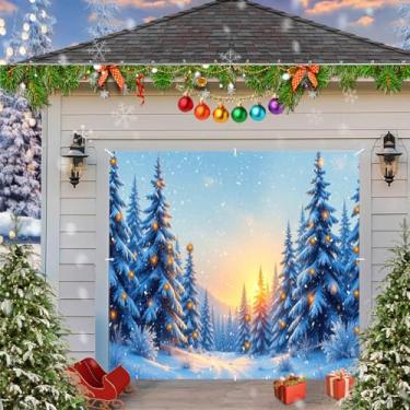 Imagem de Capa decorativa de porta de garagem de Natal Winter Wonderland, banner, capa de porta de garagem de carro, grande, 2,1 x 2,4 m, floco de neve de inverno, floresta de pinheiros, decoração mural de