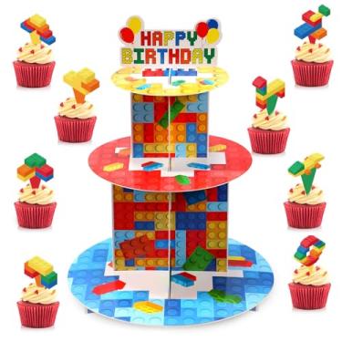 Imagem de Zopeal Suporte para cupcake com 24 peças, blocos coloridos de 3 camadas, suporte para bolo de feliz aniversário, torre de sobremesa, tijolos, decoração de festa de aniversário