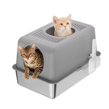 Imagem de CuisinSmart Caixa de areia fechada de aço inoxidável para gatos com tampa, caixa de areia extra grande para gatos grandes, bandeja de areia de metal com face alta nunca absorve odores antivazamento de